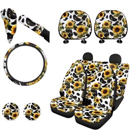 XYZCANDO 11pcs Car Accessories Set, Include Sunflower Cow Print Car Seat Cover Full Set+Steering Wheel Cover+Headrest Cover+Gear Shift Cover+Handbrake Cover+Car Cup Pad, Fit Auto SUV Trucks