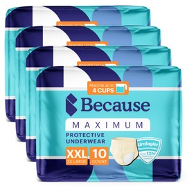 Because Premium Maximum Plus Adult Incontinence and Postpartum Bladder Leak Underwear for Women, Maximum Absorbency, Disposable, Beige, XXLarge, 40 Count (4 Packs of 10)