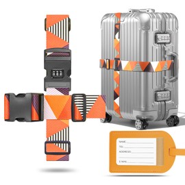 Metamorisy, Suitcase Strap Cross Strap with Luggage Tag, Suitcase Strap Eye-catching, Luggage Strap with Combination Lock, Adjustable Suitcase Belt, Luggage Strap (Orange)