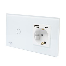 PNI SH115W Single Glass Switch with Touch Function Combined with Schuko Sockets and USB Ports