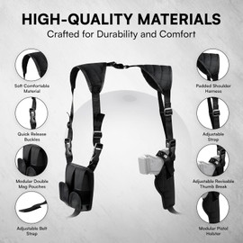 Dinosaurized Baldman Shoulder Holster, Vertical Gun Holster & Double Magazine Pouch, Adjustable Universal Fit, Compatible with Compact to Large Pistols, Fits 1911 and Most Kinds of Pistols. (Black)
