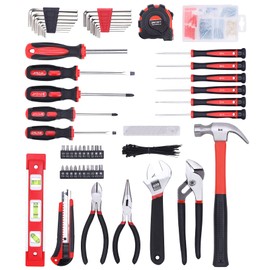 FASTPRO 215-Piece Home Repairing Tool Set with 12-Inch Wide Mouth Open Storage Bag,Household Hand Tool Kit,Red