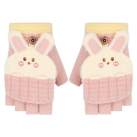 TAGVO Kids Winter Knit Warm Gloves for Girls Boys, Multifunction Stretchy Fingerless Convertible Flip Top Gloves with Soft Layer Fleece, Fluffy Half Finger Mitten Gloves for kids 7-13 Years Old