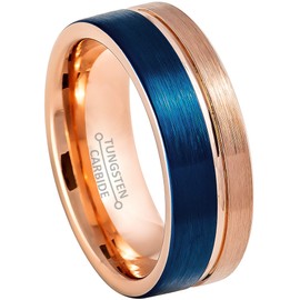 Jewelry Avalanche Blue & Rose Gold Tungsten Carbide Ring - 8mm Brushed Finish Pipe Cut Comfort Fit Tungsten Wedding Band - 2-tone Anniversary Ring - #878s12.5