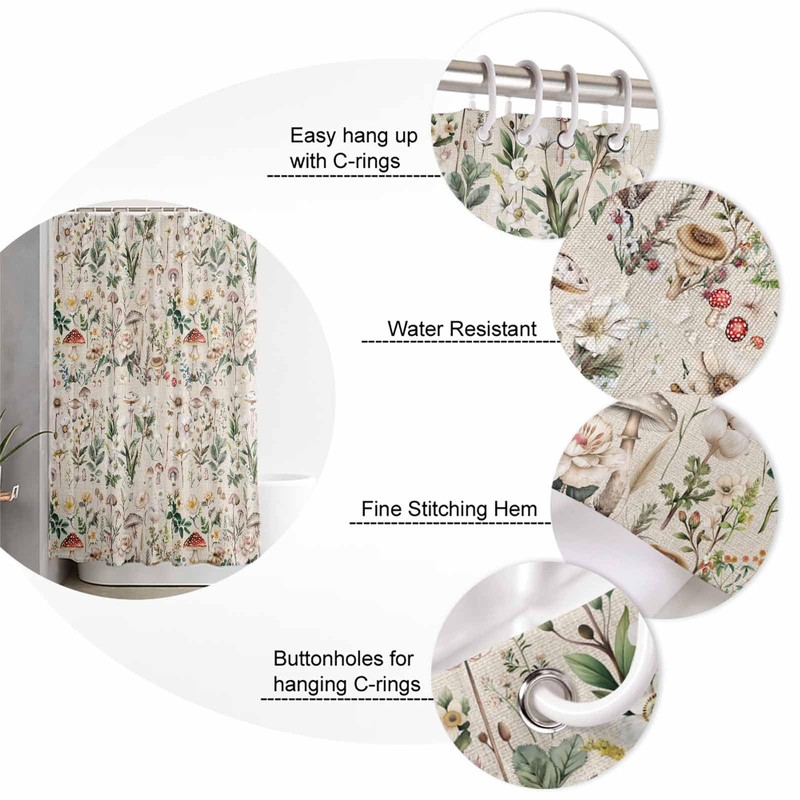 Anzona Spring Mushroom Botanical Waterproof Shower Curtains Set - Extra