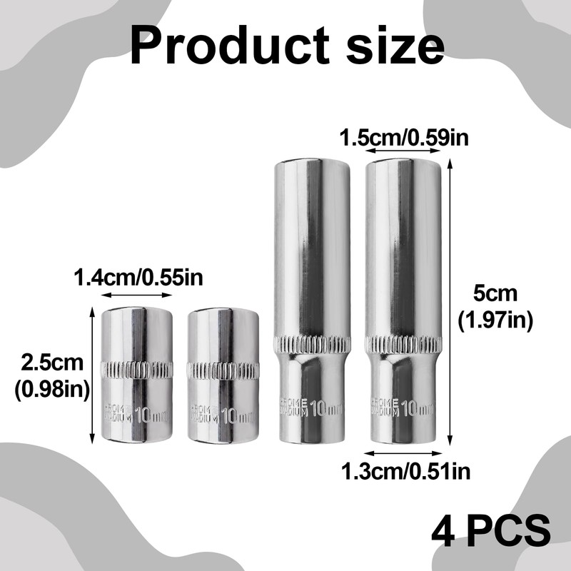 4 PCS 10mm Socket,10mm Socket 1/4 Drive,1/4 Deep Socket, Cr-V