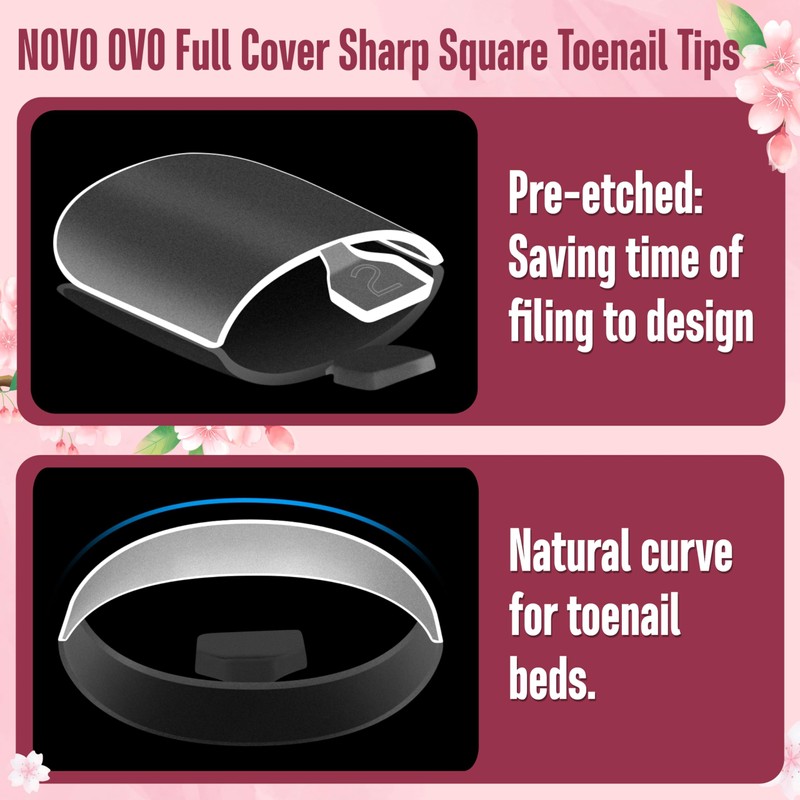 NOVO OVO Sharp Square Toenails for Gluing, Artificial Toe Nail
