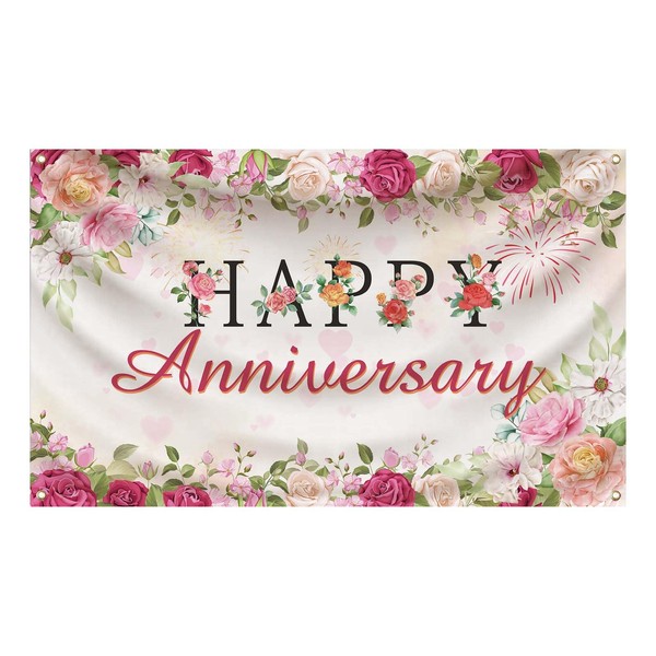 Happy Anniversary Party Backdrop Banner With Balloons Flower And Stars