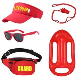 5Pcs Lifeguard Costume Set, Life Guard Costume Accessories with Red Hat Sunglasses Whistle, Lifeguard Cosplay Outfit Costume for Adults Women Men Beach Pool Dress up Party (Style 1)
