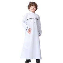 IDOPIP Muslim Thobe Islamic Thobe for Boys Kids Long Sleeve Button Down Arabic Kaftan Robe Suit Middle East Loose Full Length Cover Prayer Thobes Dress Modest Clothes with Pockets White 7-8 Years