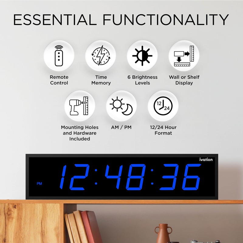 Ivation Oversized Large Digital Wall Clock - Big LED Digital