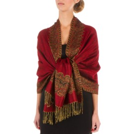 Sakkas Border Pattern Layered Reversible Woven Pashmina Shawl Scarf Wrap Stole - Red