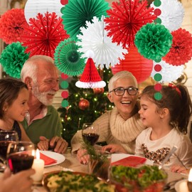 Red Green White Christmas Party Decorations Christmas Snowflake Paper Fans Paper Lanterns Tissue Pom Poms Honeycomb Balls Hanging Christmas Decorations for New Year Winter Christmas Xmas Party