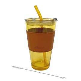 LASIPE 16 oz Glass Tumbler with Straw in a Leather Sleeve with a Starw Cleaning Brush, Iced Coffee Cup, Smoothie Cup, Water Cup, Glass Cup, Drinking Glass Cup. (Amber)