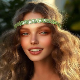 Elastic Head Chain Shiny Rhinestone Headband Women's Hair Band Vintage Metal Hair Band Elegant Head Chain for Women (Light Green, 45.5 cm)