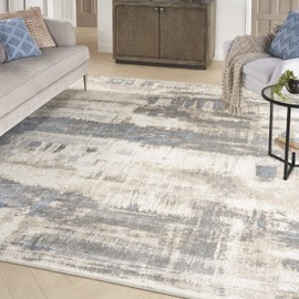 Nourison Home Solace Modern Ivory/Grey/Blue 8' x 10' Area Rug, Easy Cleaning, Non Shedding, Bed Room, Living Room, Dining Room, Kitchen, (8' x 10')