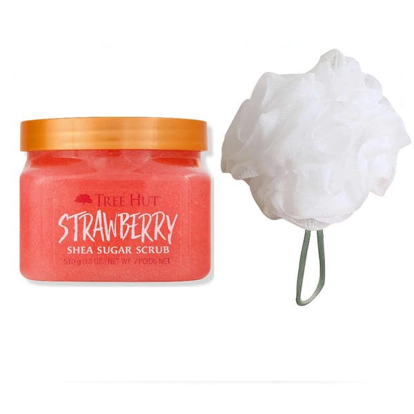 T H Tree Hut Strawberry Shea Sugar Scrub Set! Includes Body Scrub and Loofah! Formulated With Real Sugar, Certified Shea Butter And Strawberry! Ultra Hydrating and Exfoliating Scrub! (Strawberry)