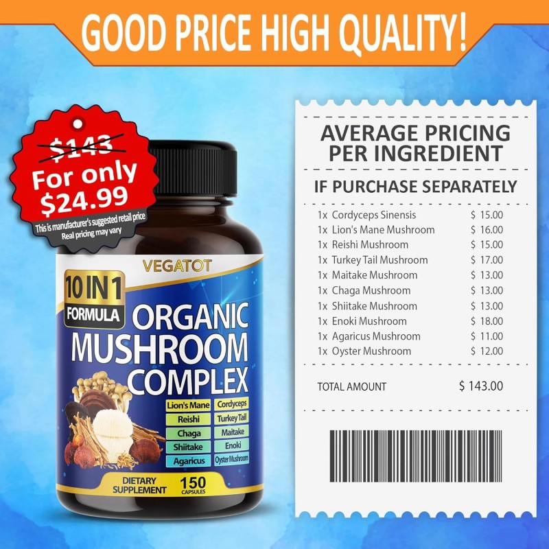 VEGATOT 10 in 1 High Strength Mushroom Supplement - Lions