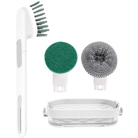 LELE LIFE Dish Brush with Wall-Mounted Holder, Dish Scrubber with Handle and 3 Replacement Heads, Kitchen Dish Scrub Brush Dish Wand for Pot Pan Sink Cleaning,White