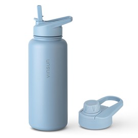 Vinsun Thermosflasche blau 1L - Strohhalm, Trinköffnung - auslaufsicher, Kohlensäure geeignet, BPA frei - isolierte Trinkflasche Edelstahl für Sport, Schule, Fahrrad, Büro, Camping