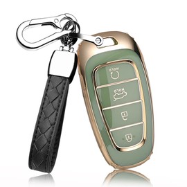 HIBEYO Key Fob Case Cover for Hyundai Sonata Santa fe Nexo Tuscon 2019 2020 2021 Soft TPU Smart Remote Auto Key 4 Buttons Car Key Accessories with Leather Keychains(Green)