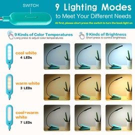 VAVOFO Clip On Rechargeable Reading Light, 7 LEDs with 3 Colortemperature 9 Brightness Levels Book Lights for Reading in Bed with Power Indicator for Bookworms (Blue 2-Pack)