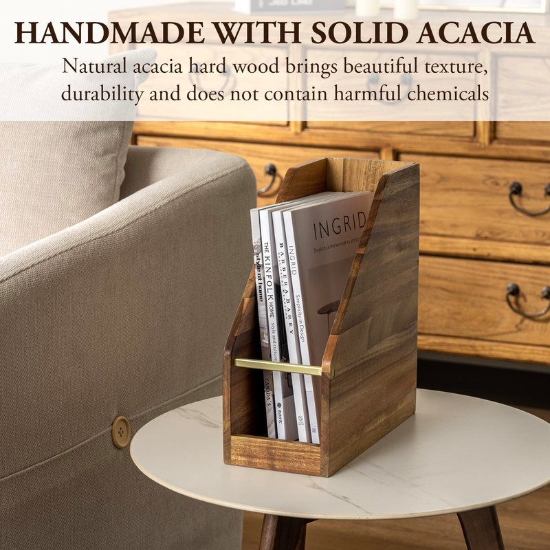 MyGift Premium Hotel Series Solid Acacia Wood Desktop Magazine File