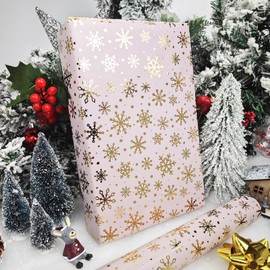 LDGOOAEL Mini Short Small Christmas Wrapping Paper Roll (17 inches X 32.8 feet) - Gold Foil Snowflakes on Pink