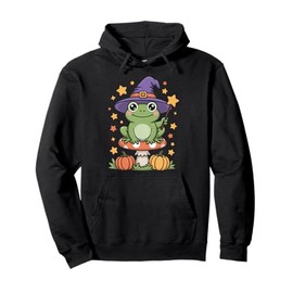 Cute Frog Witch On Mushroom With Pumpkins And Stars Pullover Hoodie