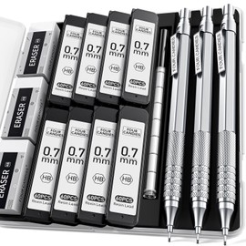 Four Candies 0.7 mm Mechanical Pencil Set with Case, Metal Artist Pencil with 8 Tubes (480 Pieces), HB Leads, 3 Erasers, 9 Eraser Refills Engineers, Writing, Drawing, Silver