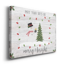 Renditions Gallery Merry & Bright Snowman Wall Art, Festive Christmas Decorations, Decorated Tree, Red & Green, Premium Gallery Wrapped Canvas Decor, Ready to Hang, 18 in H x 27 in W, Made in America