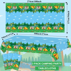 OBUSATT 3PCS Camping Tablecloth Camping Party Table Cover Happy Camper Adventure Table Cloth Camp Out Campfire Forest Themed Plastic Table Covers Party Supplies for Birthday Decor Picnic 107 X 54inch