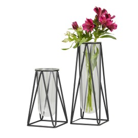 Deco 79 Glass Decorative Vase Tube Centerpiece Vases with Metal Stand, Set of 2 Flower Vases for Home Decoration 13", 9"H, Black