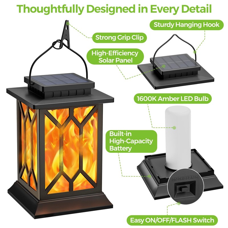 BOBKID 2 Pack Solar Lanterns Outdoor Waterproof, Flickering Flame Outdoor