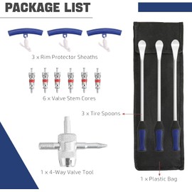 DASBET 14.5" Tire Spoon Tool Kit, Tire Changing Tools Removal Tools for Motorcycle, Dirt Bike, ATV, Including 3 Tire Spoons, 3 Rim Protectors, 6 Valve Cores, 1 Valve, 1 Portable Bag