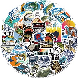 Fishing Stickers 50 Pcs Fun Outdoor Camping Fishing Sticker Pack, Cute Vinyl Waterproof Stickers Perfect for Laptops Cars Skateboards Water Bottles Fishing Tackle Box Hard Hat Scrapbooking