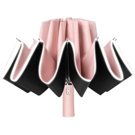 Paraguas automático Paraguas plegable de 3 pliegues plegable invertido boca abajo Sombrilla con tira reflectante, 117cm/46", UPF 50+, Anti-ultravioleta,Negro