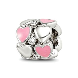 JewelryWeb 10mm 925 Sterling Silver Polished Reflections Pink Enamel Crystal Love Hearts Bead-Bead Charm Pendant Necklace for Women