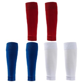 3 Pairs Unisex Football Sock Sleeves Soccer Shin Guards Non Slip Team Leg Sock Training Shin Pad Sleeves for Kids White Red Royal Blue