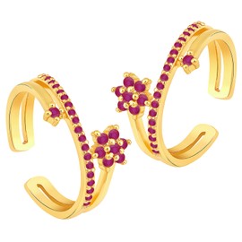 Aheli Gold Plated Rani Pink Cubic Zirconia Studded Fancy Toe Ring Adjustable Bichiya Stylish Fashion Jewellery Gift for Women