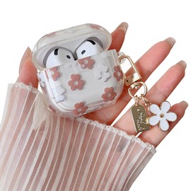 MINSCOSE Compatible with AirPods 4 Clear Case,Cute Cartoon Flower Pattern Design with Floral Keychain, Soft TPU Protective Shockproof Case for AirPods 4 for Girls Women-Brown