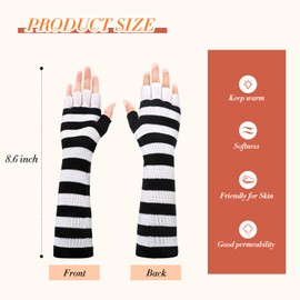 SATINIOR 2 Pairs 11 Inch Long Arm Warmers Warm White Black Stripe Fingerless Gloves Stretchy Long Knit Gloves for Men and Women