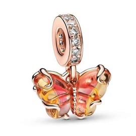 NUNUYAYA Charms Beads 925 Sterling Silver Pink & Yellow Murano Glass Butterfly Dangle Dangle Pendant with 5A Cubic fits for Charms Bracelets for Woman Mother's Day Christmas Birthday Gift, Silver,