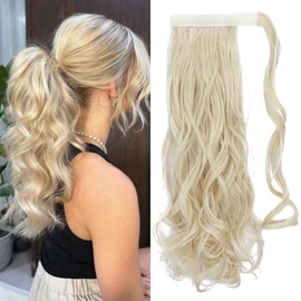 Benehair Curly Ponytail Extension 18 Inch Long Wrap Around Ponytail Synthetic Hair Extension Hair Ponytail Extension Curly Wavy Natural Blonde Hair Piece for Women(Natural Blonde, 90g)