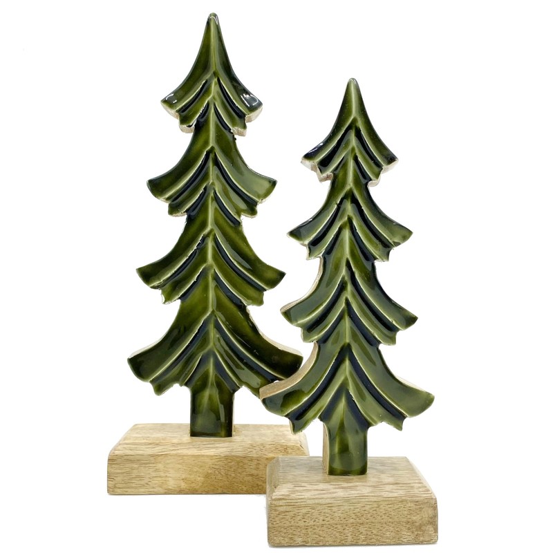 Wood Tree Decor - Set of 2 Green Glazed Wooden