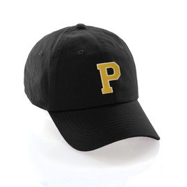 I&W Hatgear Customized Letter Intial Baseball Hat A to Z Team Colors, Black Cap White Gold Letter P