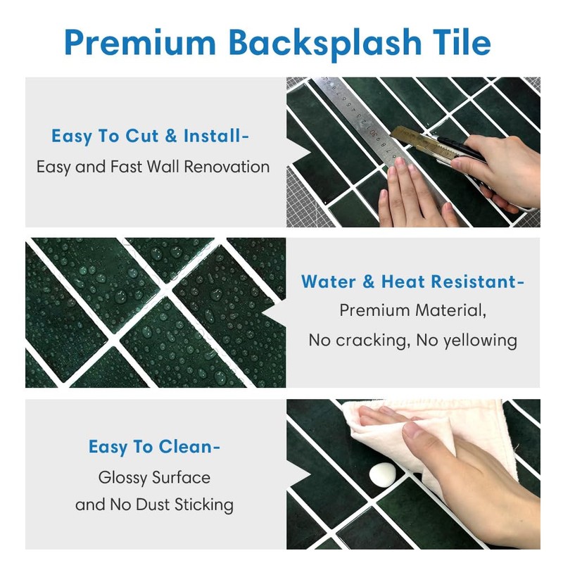 COMSTICKC Dark Green Peel and Stick Backsplash,10 Pcs 12''x12'', Forest