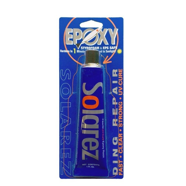 SOLAREZ UV Cure Epoxy Ding Repair Resin - SUP Paddle-Board & Surfboard Repair (1 oz) Cures in 2-3 Mins! Non Yellowing, eco-Friendly - Zero Vapors, Comes with 60/240 Grit Sand Pad ~ Made in The USA!…