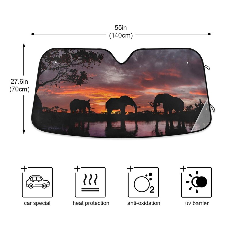 KEEPREAL Car Windshield Sunshade Elephants At Sunset Front Auto Sun