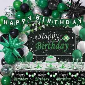 Green Black Birthday Decorations for Men Women, Black and Green Silver Party Decorations, Boys Girls Happy Birthday Banner Backdrop with Confetti Star Balloons Arch Kit Tablecloth Bday Party Supplies
